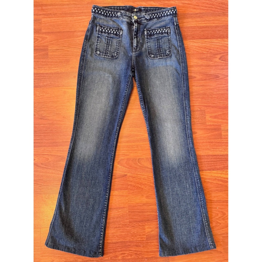 7 For All Mankind Braided Trim Flare Jeans Blue Denim Womens 30 wide leg